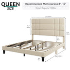 Letto con testiera imbottita in lino beige/grigio, con piattaforma, matrimoniale/king size per 2 persone