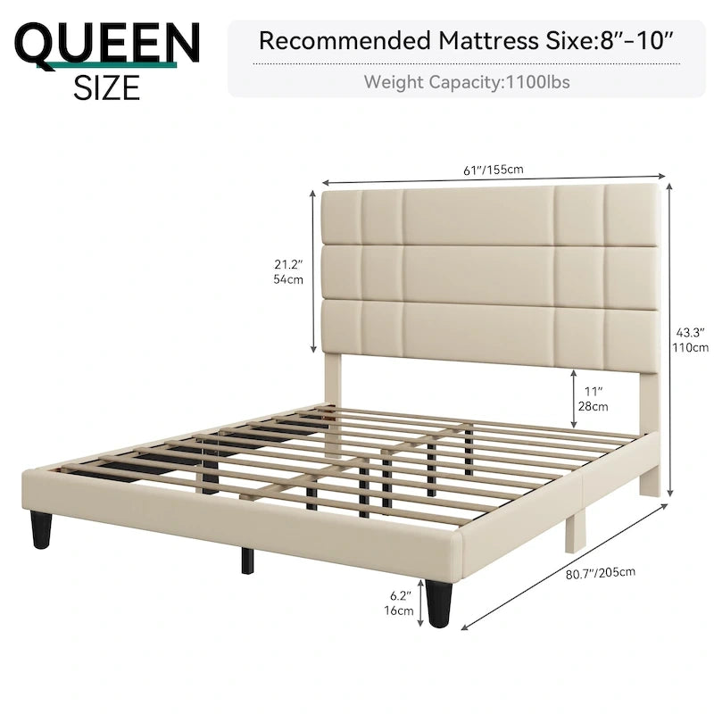 Letto con testiera imbottita in lino beige/grigio, con piattaforma, matrimoniale/king size per 2 persone