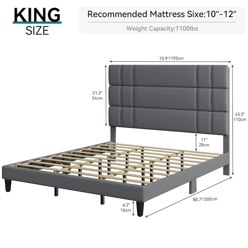 Letto con testiera imbottita in lino beige/grigio, con piattaforma, matrimoniale/king size per 2 persone
