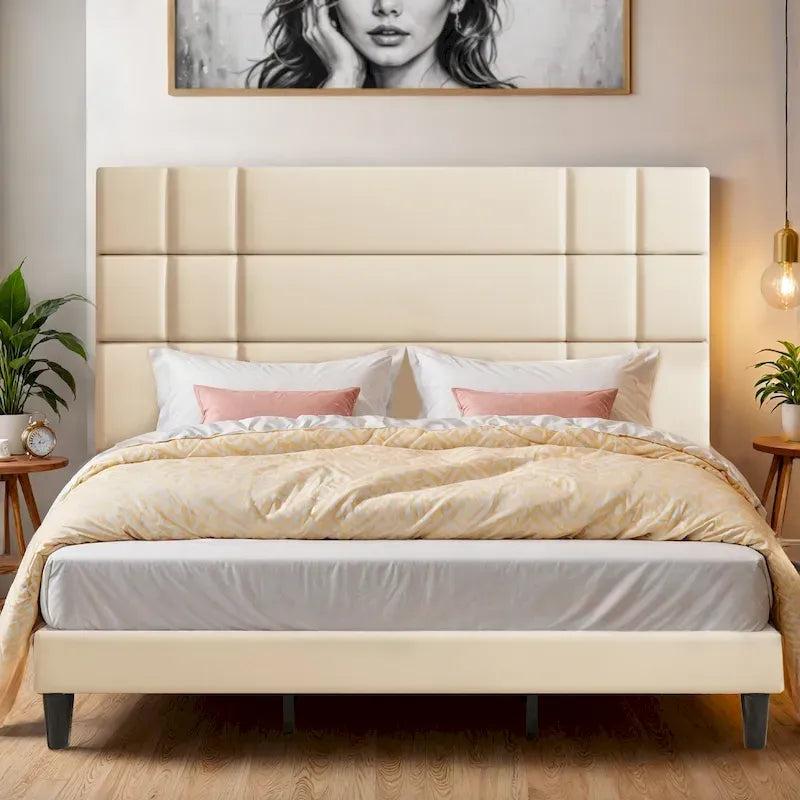 Letto con testiera imbottita in lino beige/grigio, con piattaforma, matrimoniale/king size per 2 persone