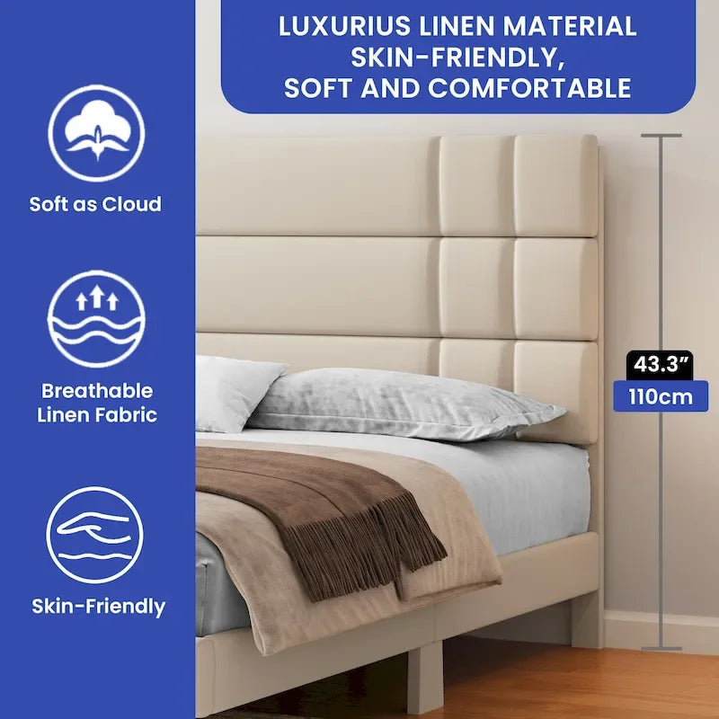 Letto con testiera imbottita in lino beige/grigio, con piattaforma, matrimoniale/king size per 2 persone