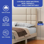 Letto con testiera imbottita in lino beige/grigio, con piattaforma, matrimoniale/king size per 2 persone