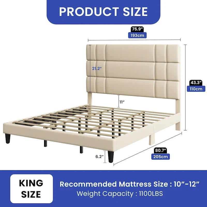 Letto con testiera imbottita in lino beige/grigio, con piattaforma, matrimoniale/king size per 2 persone