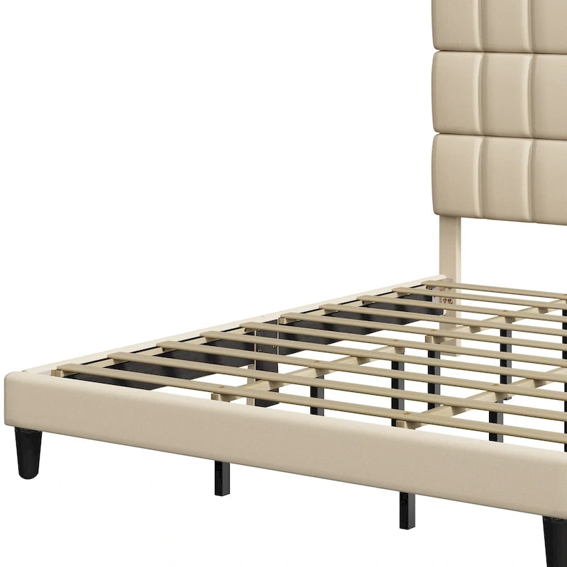 Letto con testiera imbottita in lino beige/grigio, con piattaforma, matrimoniale/king size per 2 persone