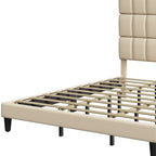 Letto con testiera imbottita in lino beige/grigio, con piattaforma, matrimoniale/king size per 2 persone