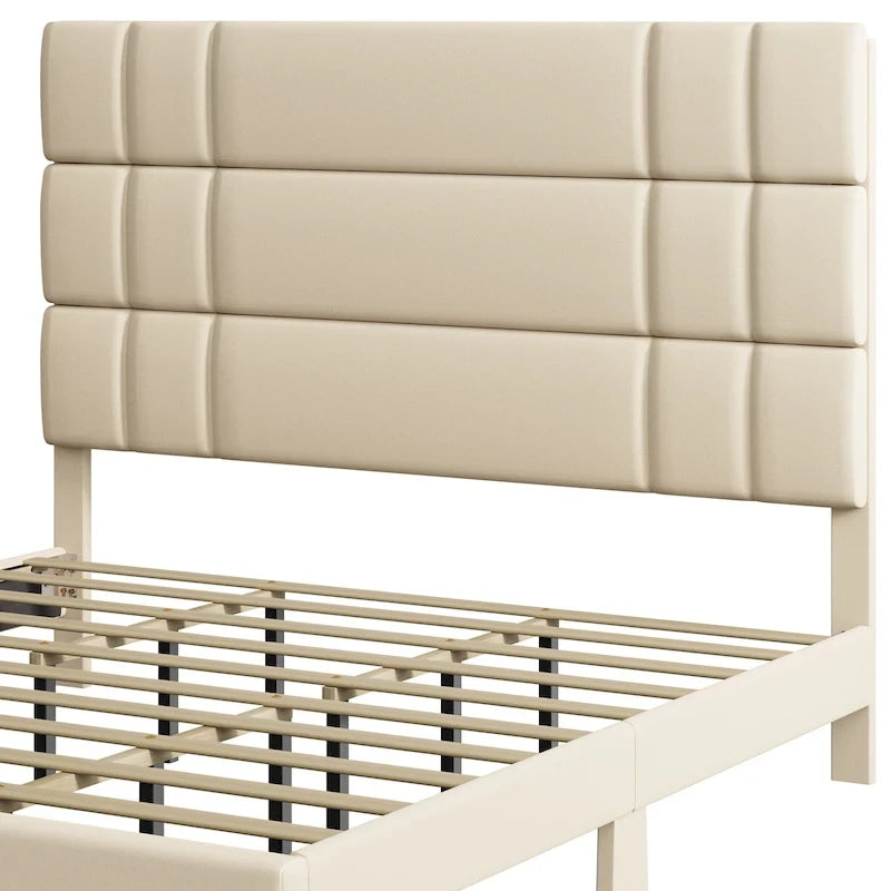 Letto con testiera imbottita in lino beige/grigio, con piattaforma, matrimoniale/king size per 2 persone