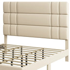 Letto con testiera imbottita in lino beige/grigio, con piattaforma, matrimoniale/king size per 2 persone