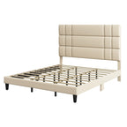 Letto con testiera imbottita in lino beige/grigio, con piattaforma, matrimoniale/king size per 2 persone