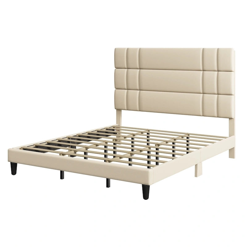 Letto con testiera imbottita in lino beige/grigio, con piattaforma, matrimoniale/king size per 2 persone