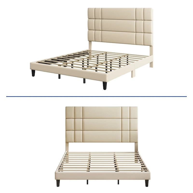 Letto con testiera imbottita in lino beige/grigio, con piattaforma, matrimoniale/king size per 2 persone