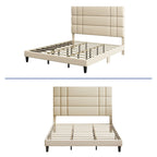 Letto con testiera imbottita in lino beige/grigio, con piattaforma, matrimoniale/king size per 2 persone