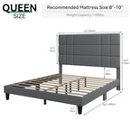 Letto con testiera imbottita in lino beige/grigio, con piattaforma, matrimoniale/king size per 2 persone