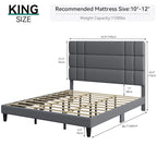 Letto con testiera imbottita in lino beige/grigio, con piattaforma, matrimoniale/king size per 2 persone