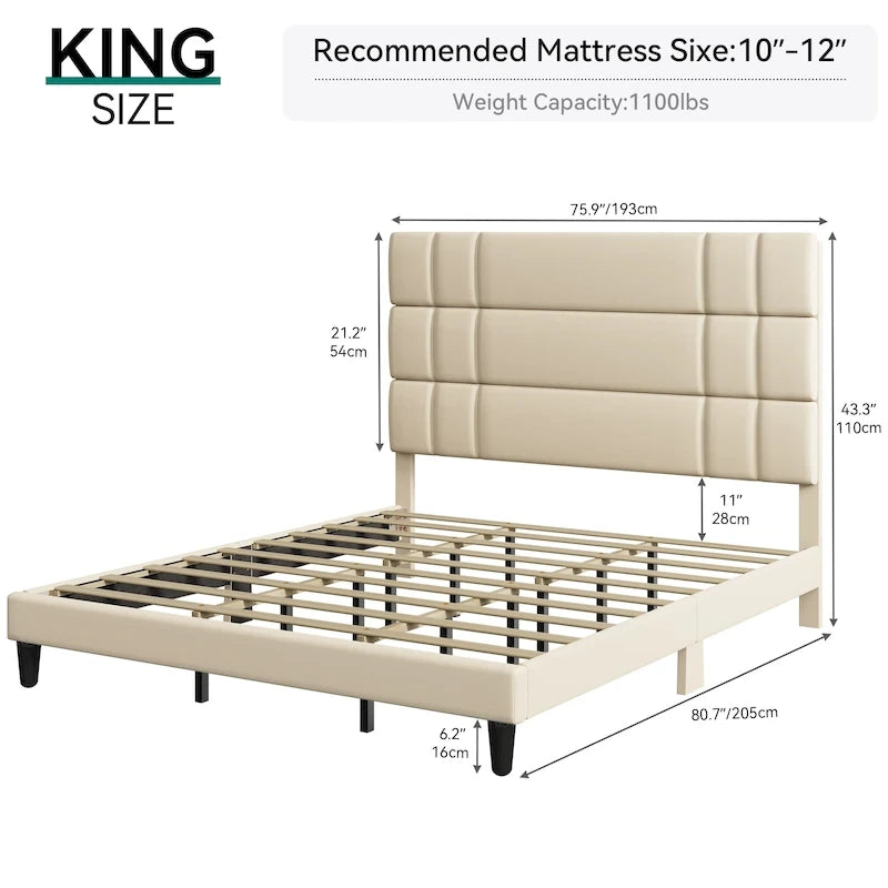Letto con testiera imbottita in lino beige/grigio, con piattaforma, matrimoniale/king size per 2 persone