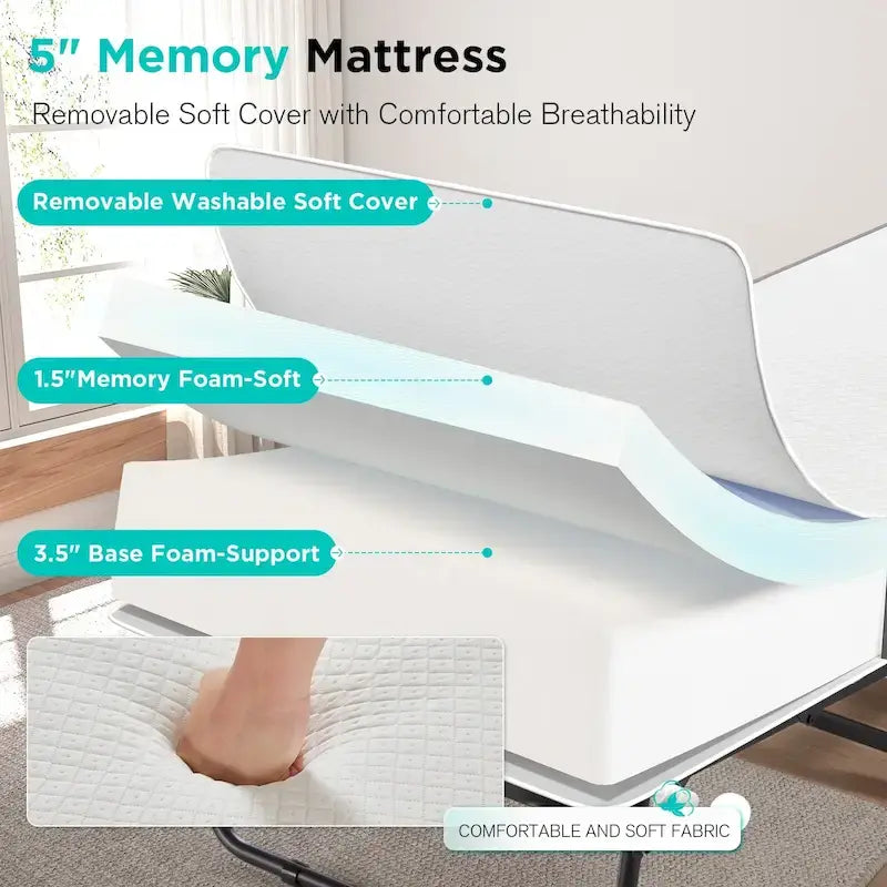 Letto pieghevole portatile con struttura in acciaio per una persona, misure Twin/Twin XL, con materasso in memory foam da 12,7 cm