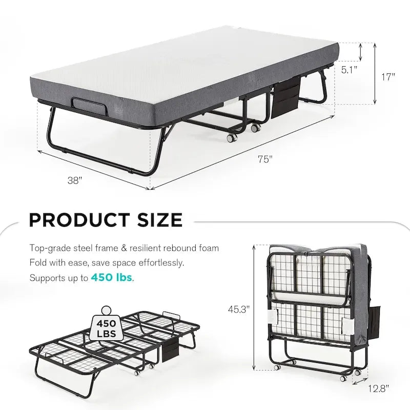 Letto pieghevole portatile con struttura in acciaio per una persona, misure Twin/Twin XL, con materasso in memory foam da 12,7 cm