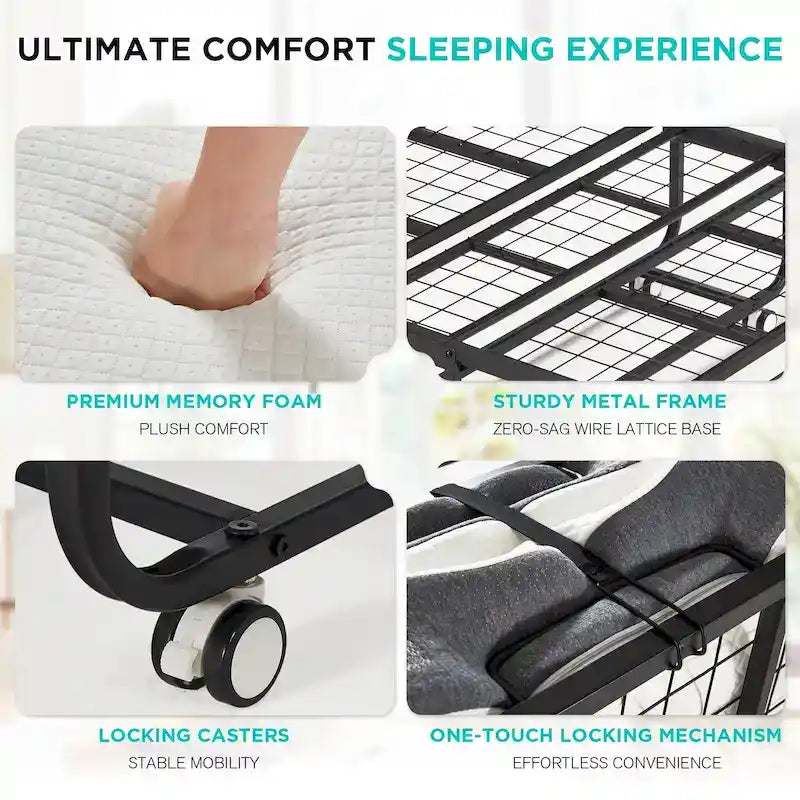 Letto pieghevole portatile con struttura in acciaio per una persona, misure Twin/Twin XL, con materasso in memory foam da 12,7 cm