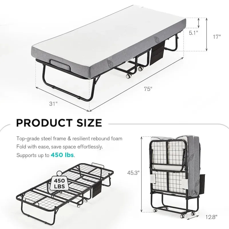 Letto pieghevole portatile con struttura in acciaio per una persona, misure Twin/Twin XL, con materasso in memory foam da 12,7 cm