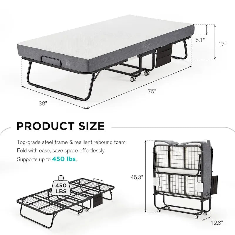 Letto pieghevole portatile con struttura in acciaio per una persona, misure Twin/Twin XL, con materasso in memory foam da 12,7 cm