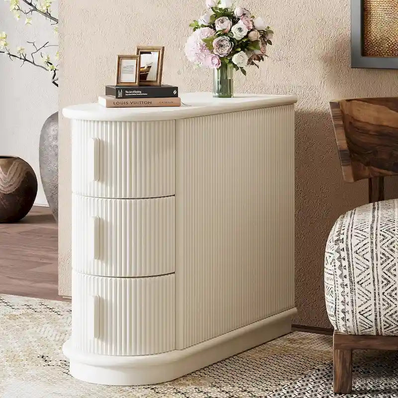 Tavolino comodino a 3 cassetti in legno massello semi-ovale in noce/bianco per 1 persona