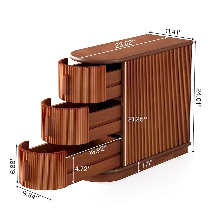 Tavolino comodino a 3 cassetti in legno massello semi-ovale in noce/bianco per 1 persona