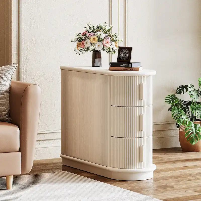 Tavolino comodino a 3 cassetti in legno massello semi-ovale in noce/bianco per 1 persona