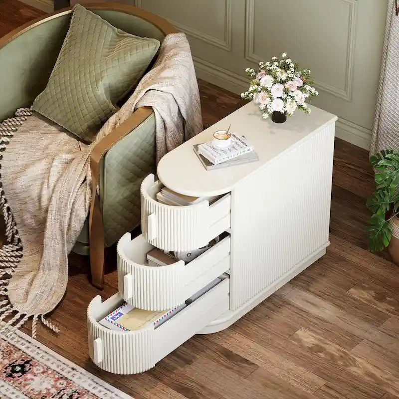 Tavolino comodino a 3 cassetti in legno massello semi-ovale in noce/bianco per 1 persona