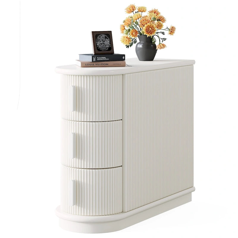 Tavolino comodino a 3 cassetti in legno massello semi-ovale in noce/bianco per 1 persona