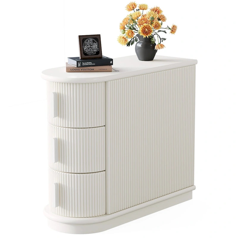 Tavolino comodino a 3 cassetti in legno massello semi-ovale in noce/bianco per 1 persona