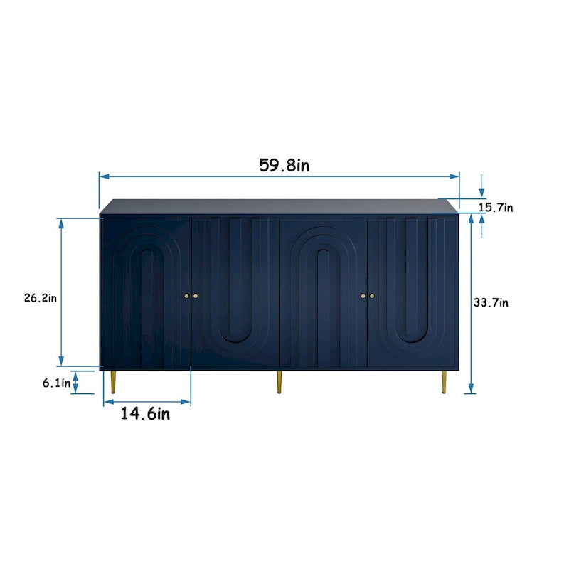 Mobile credenza a 4 ante in MDF laccato blu/grigio con ripiani regolabili per 1 persona
