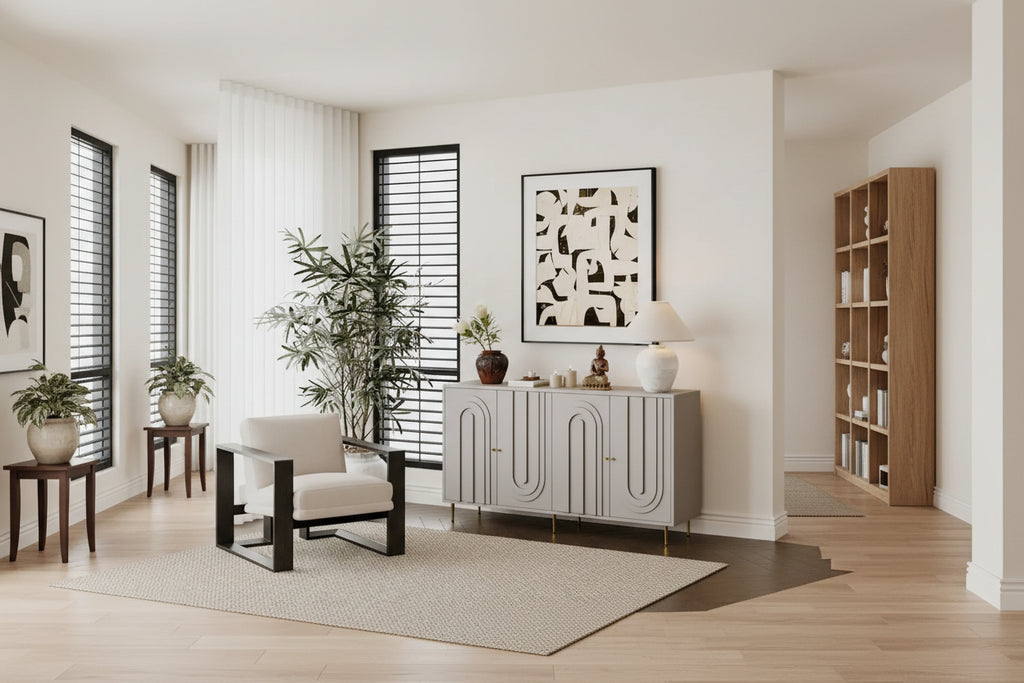 Mobile credenza a 4 ante in MDF laccato blu/grigio con ripiani regolabili per 1 persona