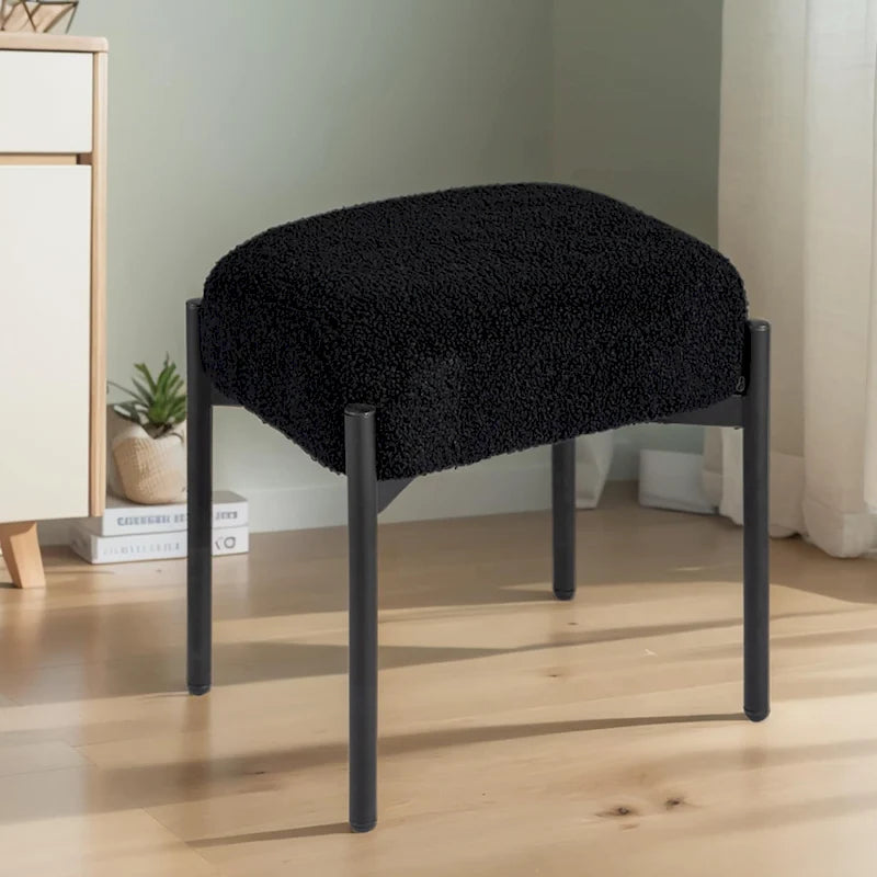 Sgabello Tondo da Toeletta in Velluto Finto Orsetto Bianco / Nero / Rosa con Gambe in Acciaio per 1 Persona