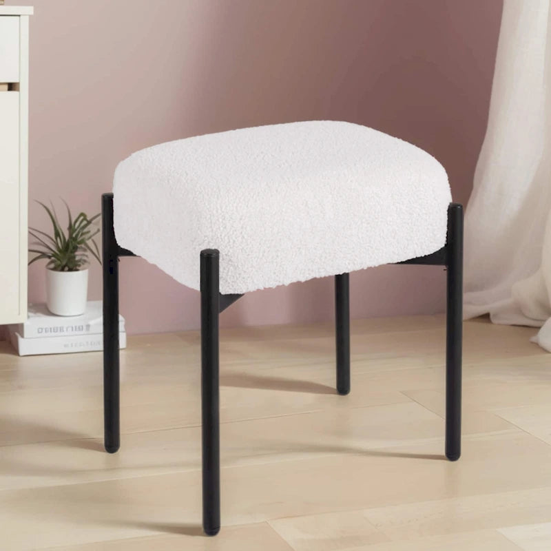 Sgabello Tondo da Toeletta in Velluto Finto Orsetto Bianco / Nero / Rosa con Gambe in Acciaio per 1 Persona