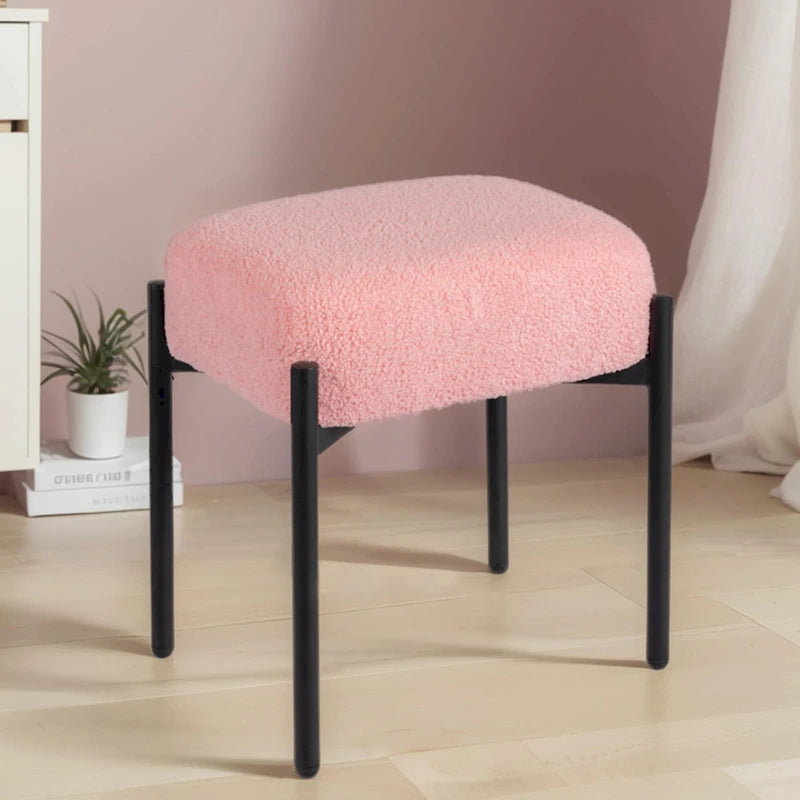 Sgabello Tondo da Toeletta in Velluto Finto Orsetto Bianco / Nero / Rosa con Gambe in Acciaio per 1 Persona