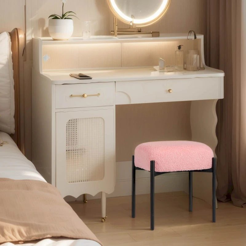 Sgabello Tondo da Toeletta in Velluto Finto Orsetto Bianco / Nero / Rosa con Gambe in Acciaio per 1 Persona
