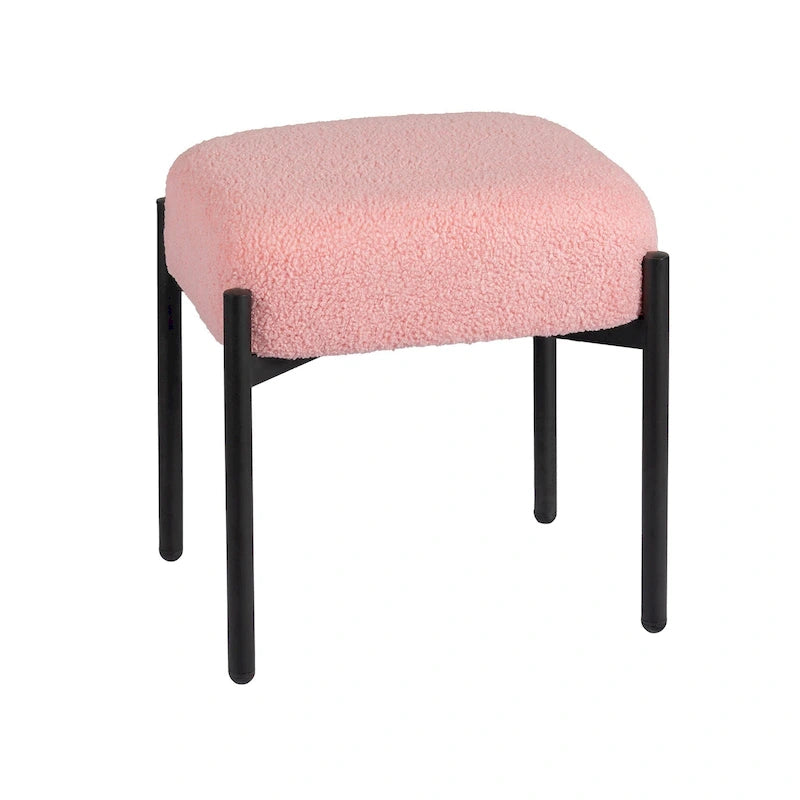 Sgabello Tondo da Toeletta in Velluto Finto Orsetto Bianco / Nero / Rosa con Gambe in Acciaio per 1 Persona