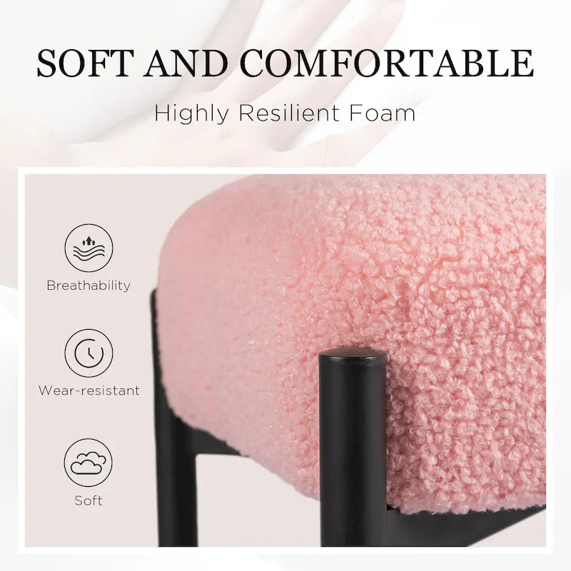 Sgabello Tondo da Toeletta in Velluto Finto Orsetto Bianco / Nero / Rosa con Gambe in Acciaio per 1 Persona