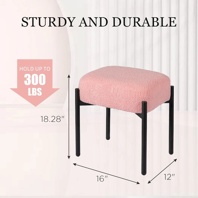 Sgabello Tondo da Toeletta in Velluto Finto Orsetto Bianco / Nero / Rosa con Gambe in Acciaio per 1 Persona