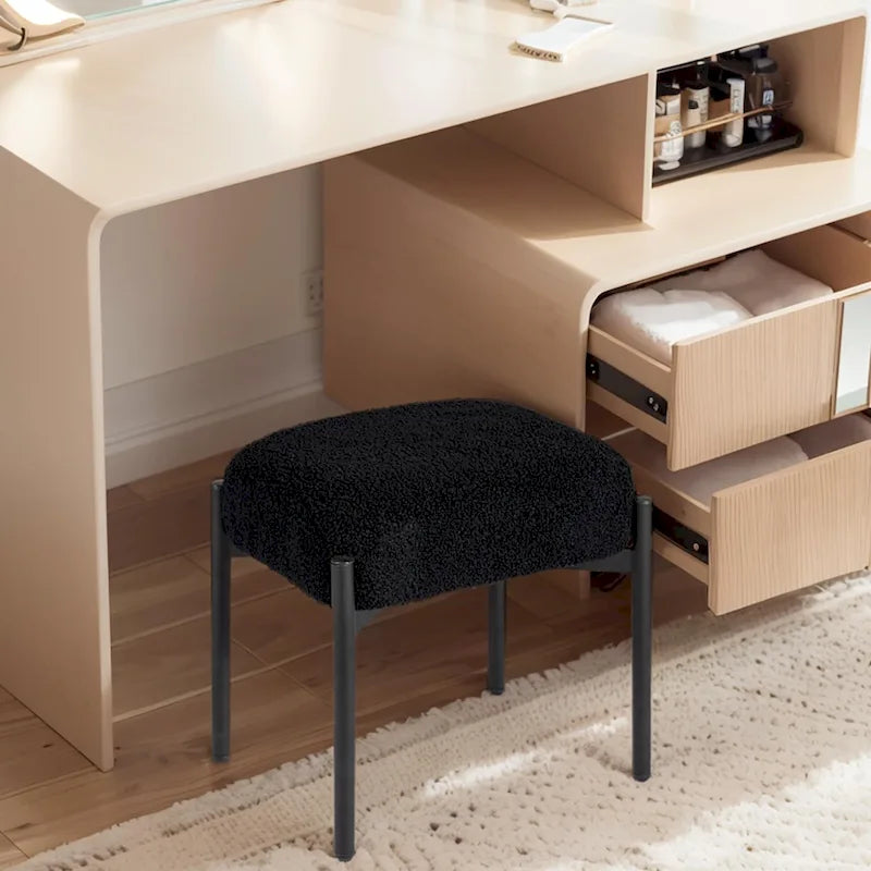 Sgabello Tondo da Toeletta in Velluto Finto Orsetto Bianco / Nero / Rosa con Gambe in Acciaio per 1 Persona