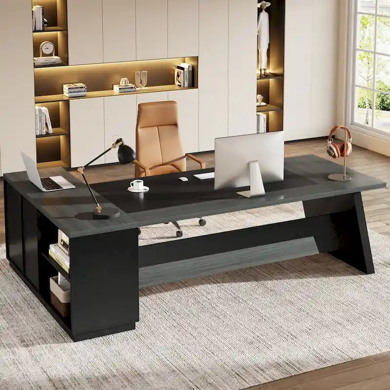 Scrivania direzionale a L in truciolato E1 noce-nero/grigio-nero con cassetti e cassetto per archivio per 1 persona