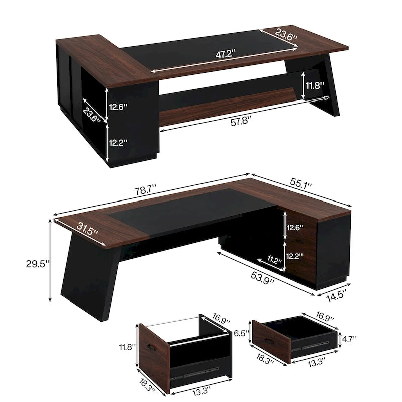 Scrivania direzionale a L in truciolato E1 noce-nero/grigio-nero con cassetti e cassetto per archivio per 1 persona