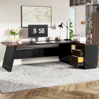 Scrivania direzionale a L in truciolato E1 noce-nero/grigio-nero con cassetti e cassetto per archivio per 1 persona