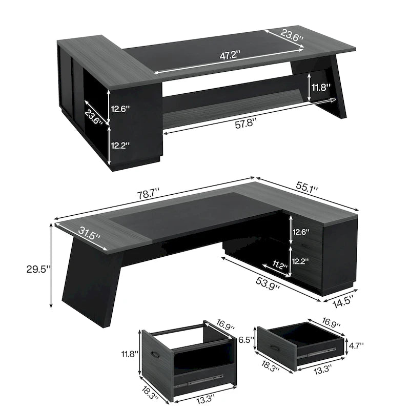Scrivania direzionale a L in truciolato E1 noce-nero/grigio-nero con cassetti e cassetto per archivio per 1 persona
