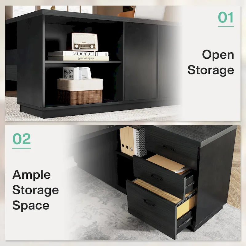 Scrivania direzionale a L in truciolato E1 noce-nero/grigio-nero con cassetti e cassetto per archivio per 1 persona