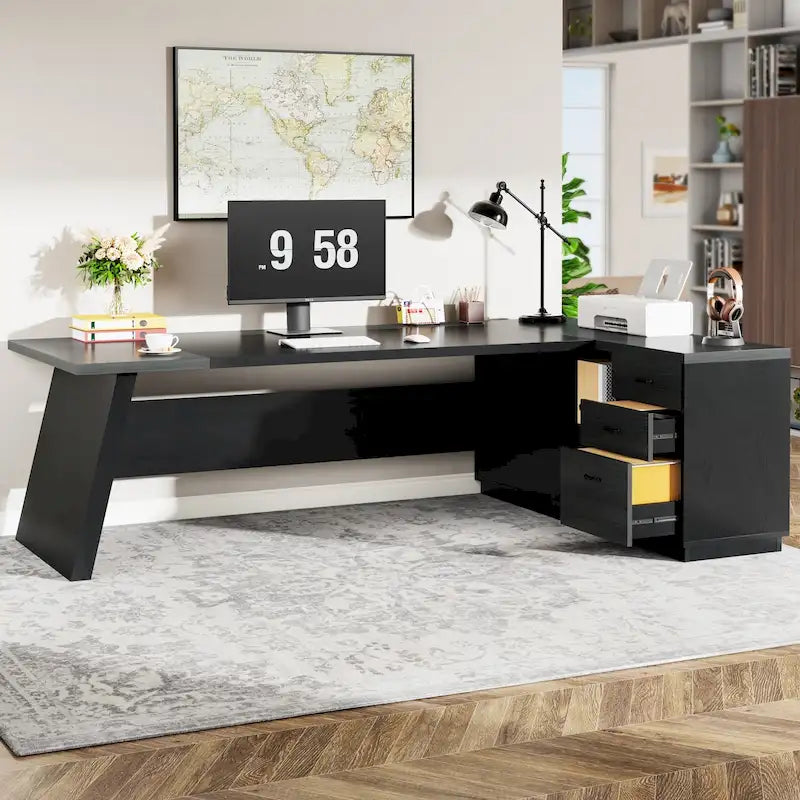 Scrivania direzionale a L in truciolato E1 noce-nero/grigio-nero con cassetti e cassetto per archivio per 1 persona