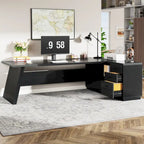 Scrivania direzionale a L in truciolato E1 noce-nero/grigio-nero con cassetti e cassetto per archivio per 1 persona