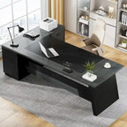 Scrivania direzionale a L in truciolato E1 noce-nero/grigio-nero con cassetti e cassetto per archivio per 1 persona