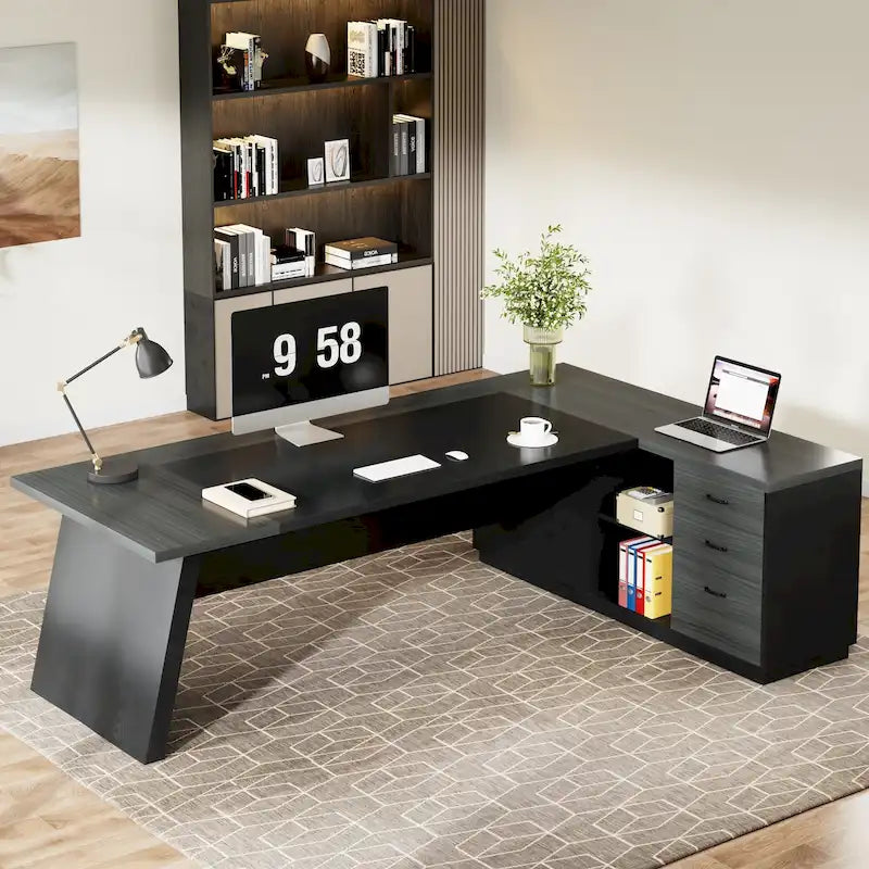 Scrivania direzionale a L in truciolato E1 noce-nero/grigio-nero con cassetti e cassetto per archivio per 1 persona