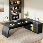 Scrivania direzionale a L in truciolato E1 noce-nero/grigio-nero con cassetti e cassetto per archivio per 1 persona
