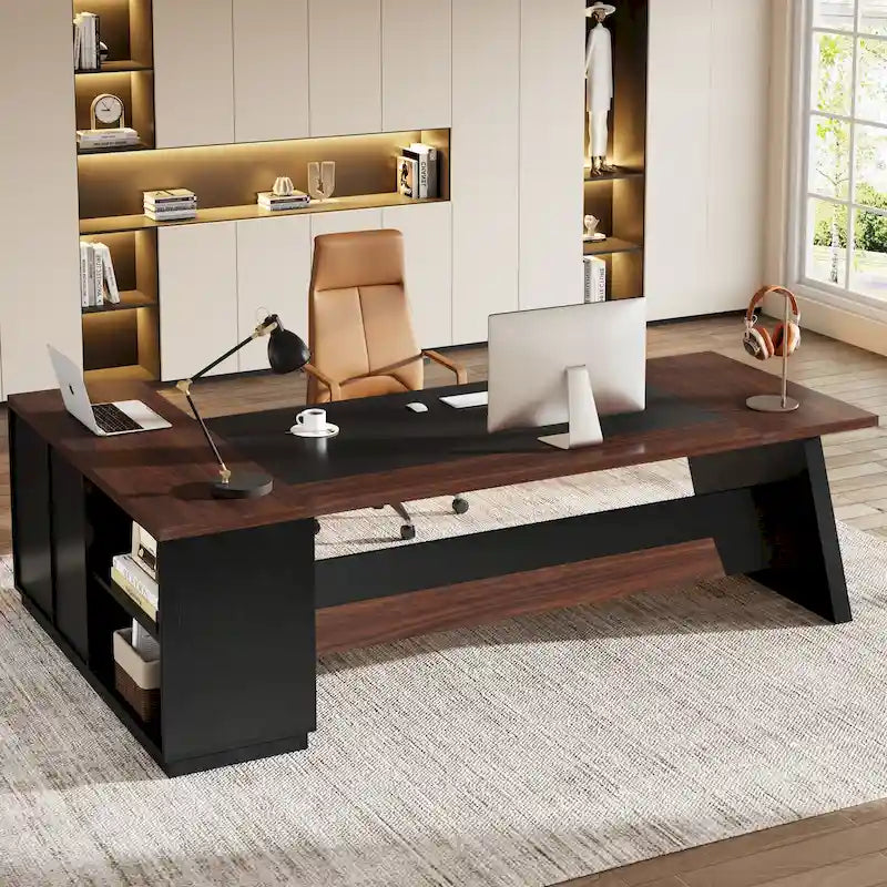 Scrivania direzionale a L in truciolato E1 noce-nero/grigio-nero con cassetti e cassetto per archivio per 1 persona
